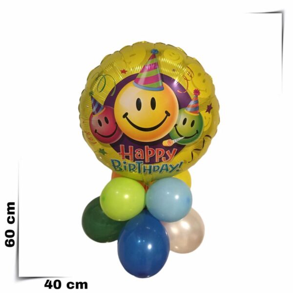 Composizione di palloncini centrotavola con palloncino grande Buon Compleanno Smile Party da 46 cm