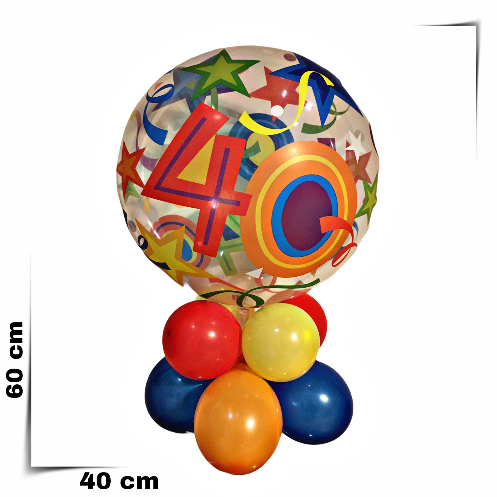 Centrotavola composizione palloncini già gonfiati 40 anni Bubbles trasparente stampata multicolor da 56 cm Centrotavola composizione palloncini già gonfiati 40 anni Bubbles trasparente stampata multicolor. Bellissime composizioni a palloncini centrotavola perfette per festeggiare i 40 anni e rendere originale la vostra festa!!! Non dimenticare di scegliere la scritta personalizzata nel palloncino nel palloncino stesso, per esempio il nome del festeggiato!